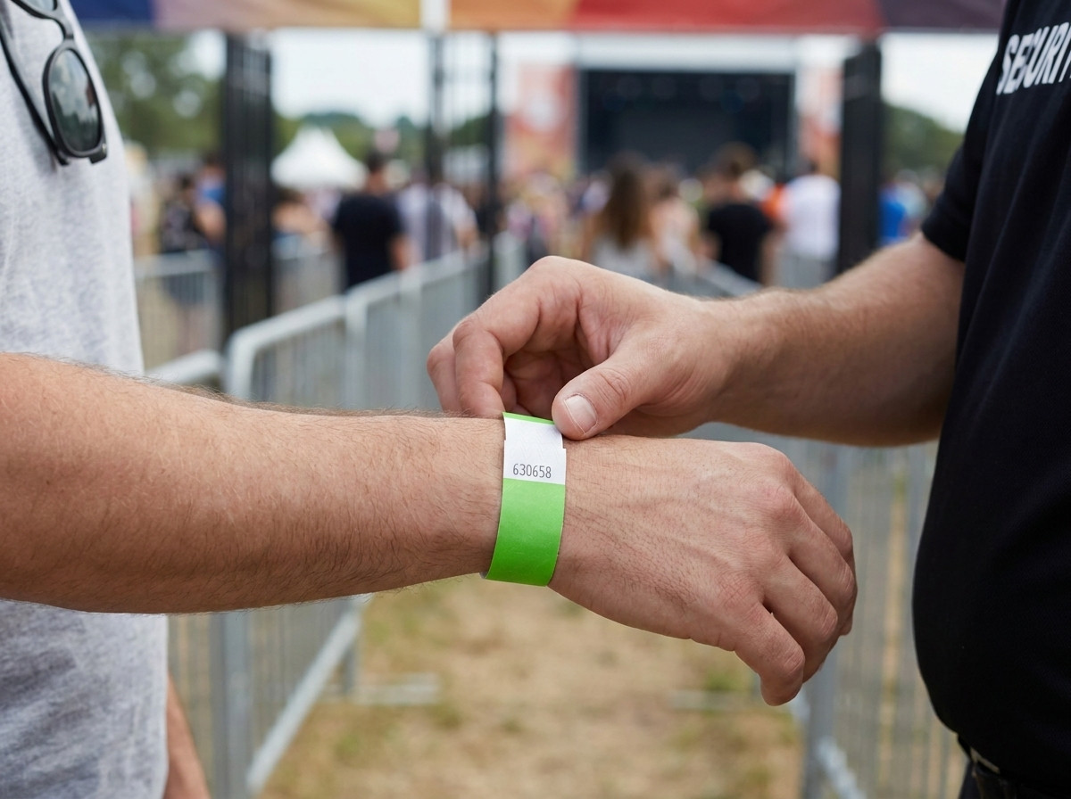 Security staff checking the tamper-proof ID wristband of a festival-goer at the entrance of an event
