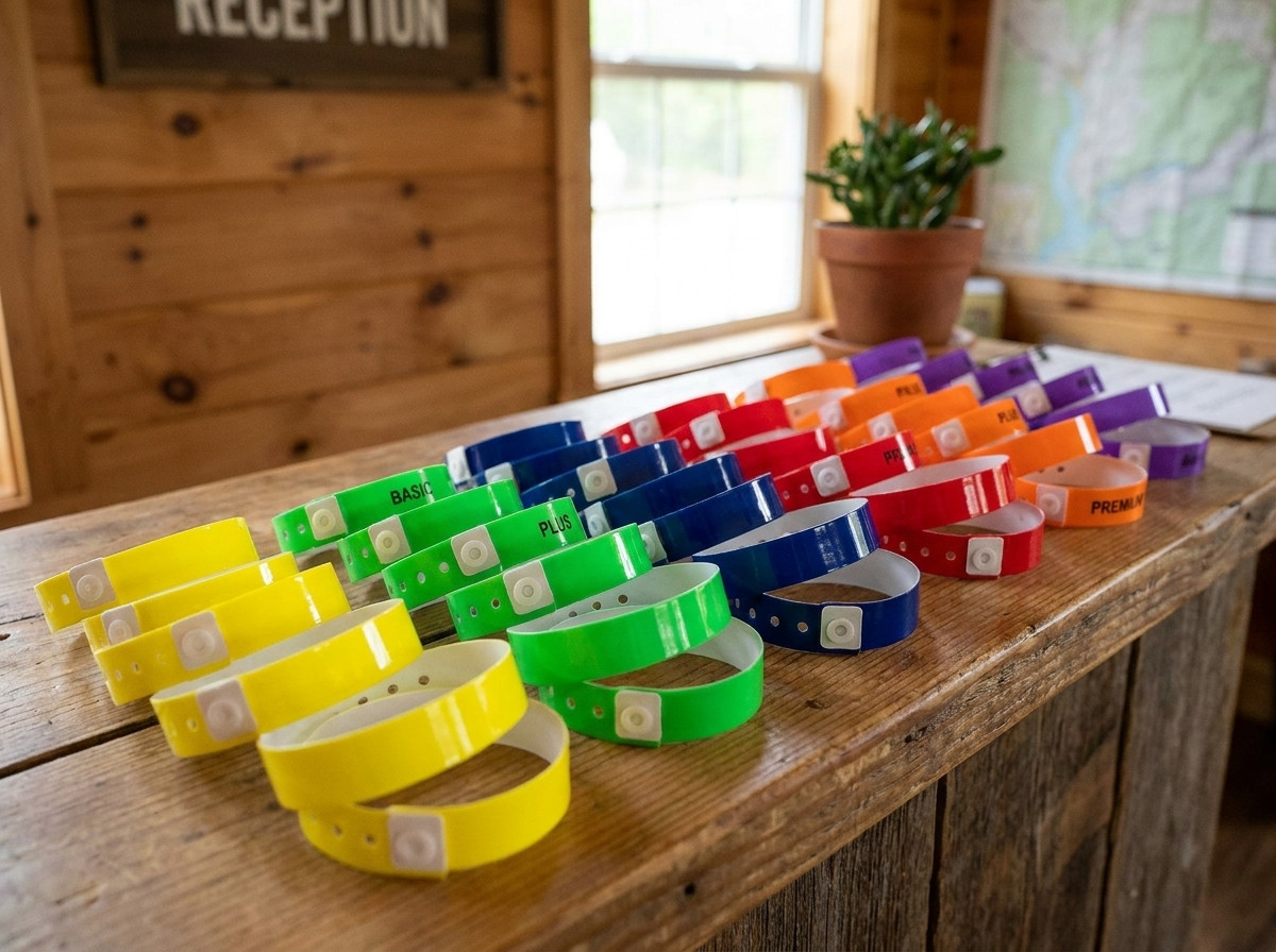 Colourful vinyl PVC wristbands on a counter, showing plastic durability for multi-day events