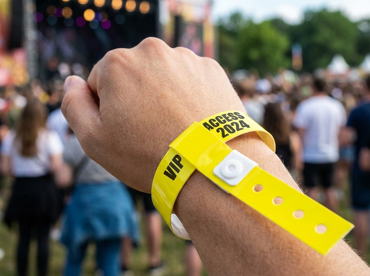 Colored ID wristband on the wrist of an adult camper near a camping pool in summer