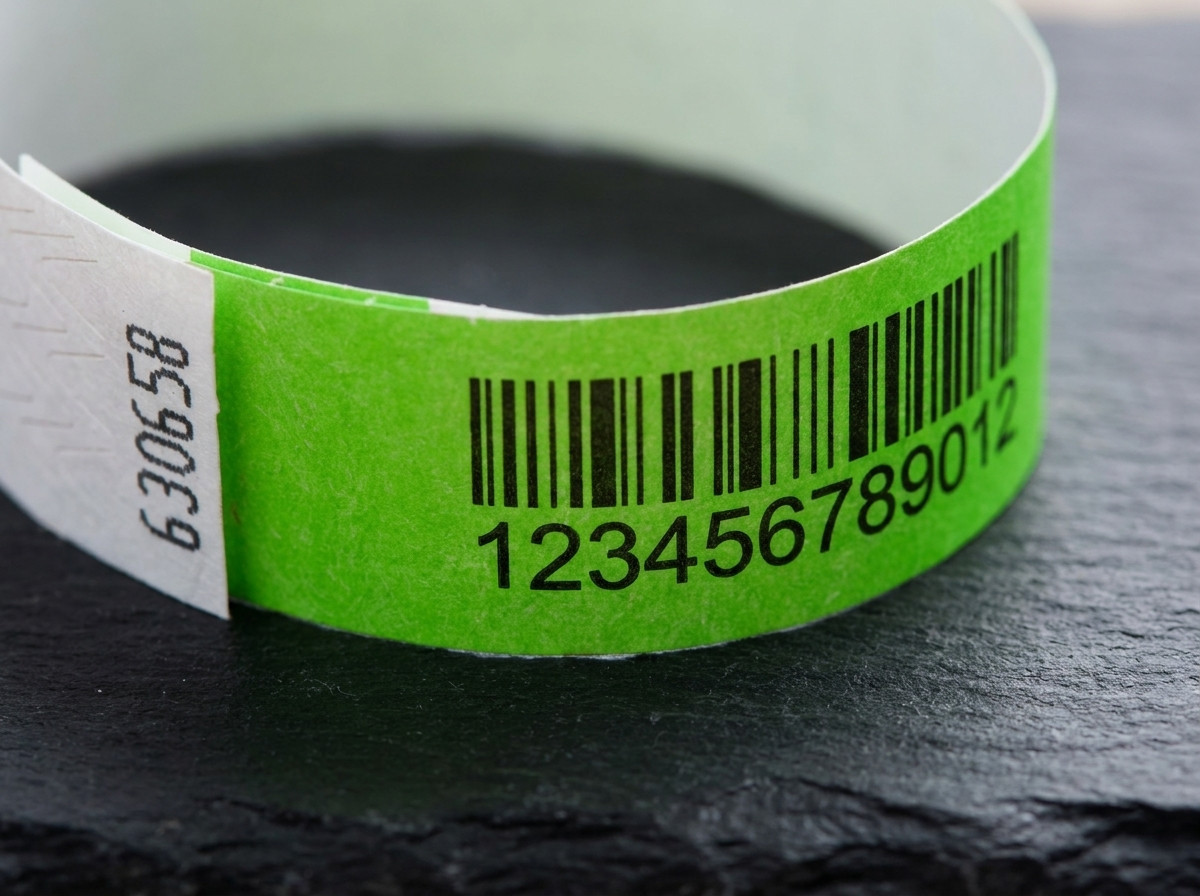 Close-up of a Tyvek wristband printed with a Code 128 barcode and a sequential number, placed on a dark surface