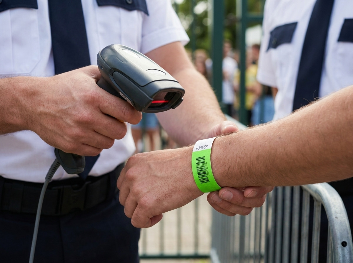 Security agent scanning the barcode of a Tyvek wristband at the access control point of an outdoor festival, handheld laser scanner in hand