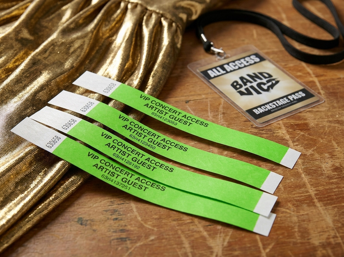 Personalized VIP concert wristbands placed on a backstage table with gold lame and artist badge