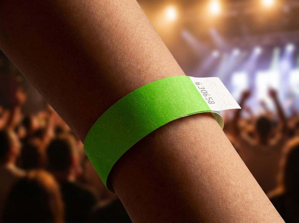 Close-up of a personalized ID wristband worn on the wrist of a marathon runner, with race number and event logo printed in HD
