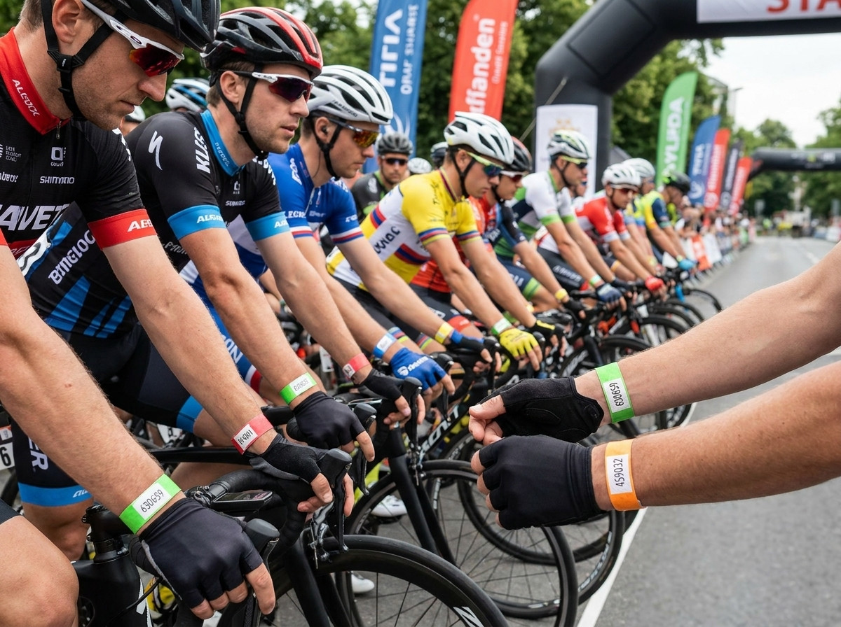 Cyclists at the start of a bike race wearing colored Tyvek identification wristbands on their wrists