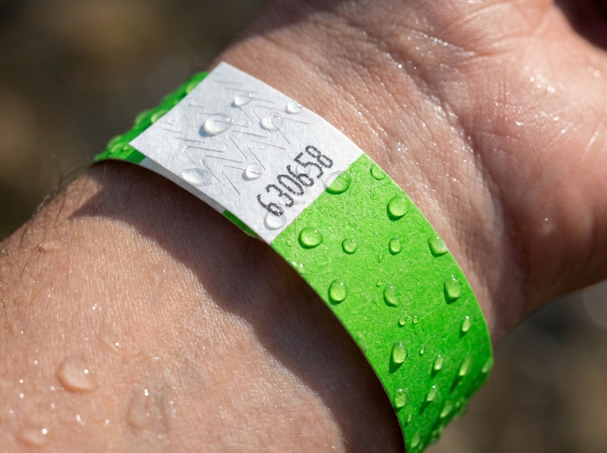 Close-up of a waterproof vinyl wristband worn on the wrist of a triathlete emerging from the water during the swim-to-bike transition