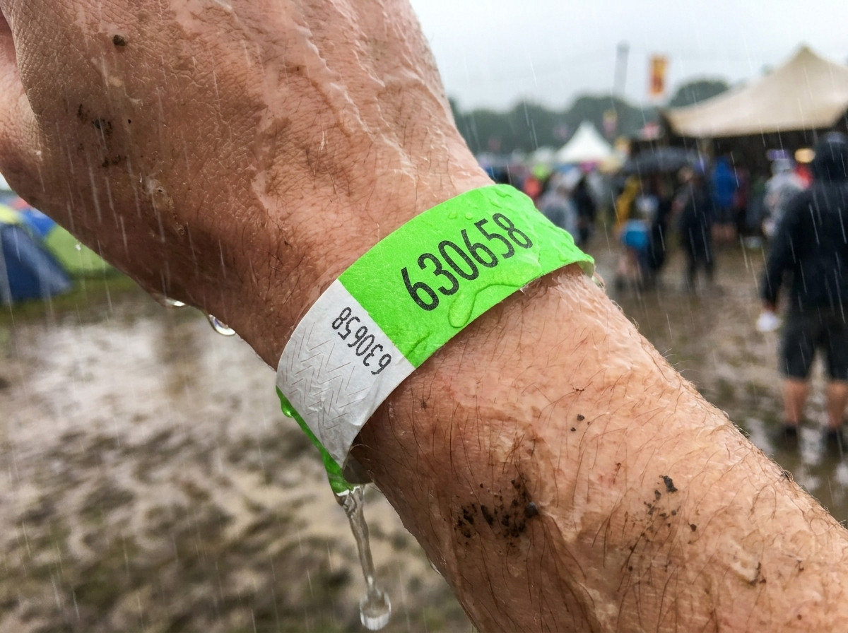 Close-up of a personalised ID wristband worn on a wrist at a multi-day festival in the rain, remaining intact and legible