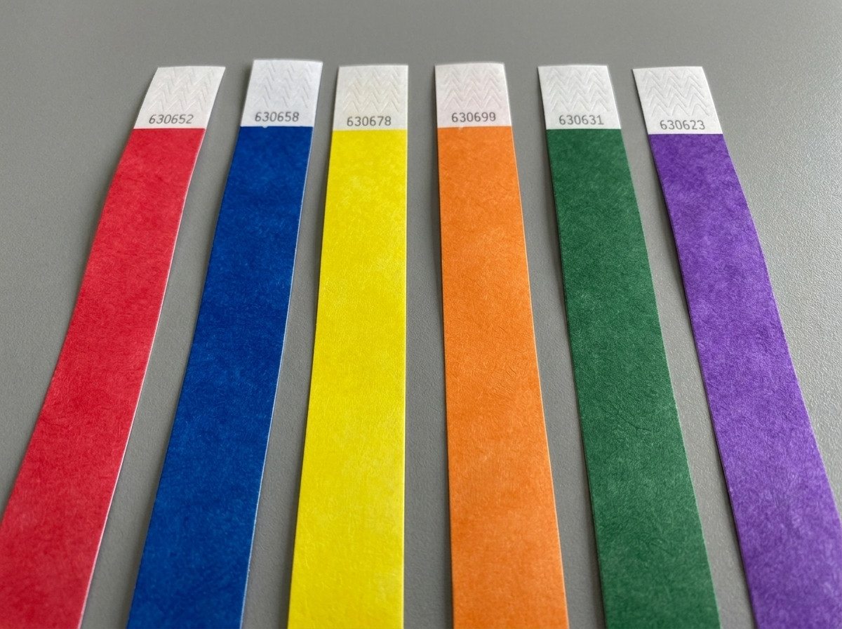 Festival staff wristbands in multiple colours arranged side by side, each printed with a different role: security, welcome, technical