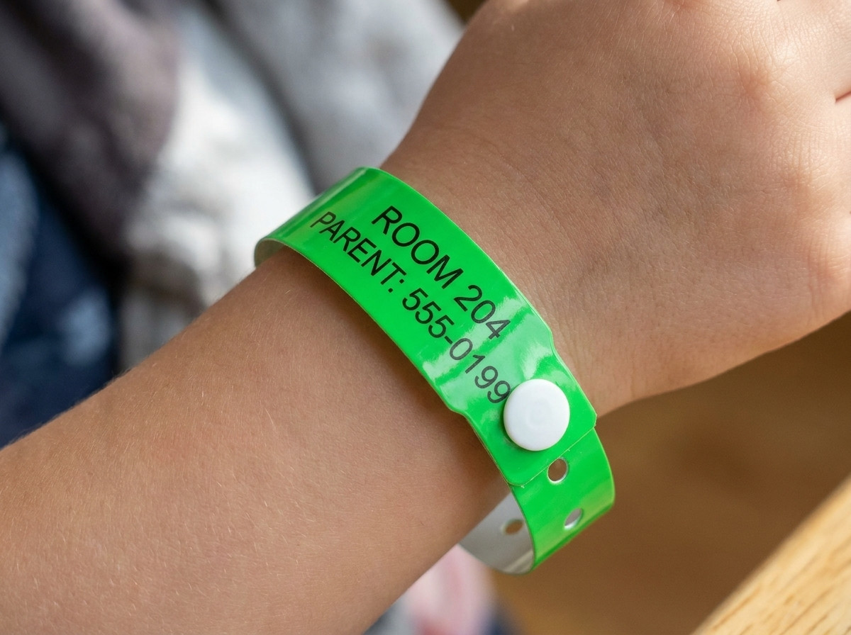 Coloured Tyvek wristband for a child with room number and parental contact printed, worn on a childs wrist beside a hotel pool