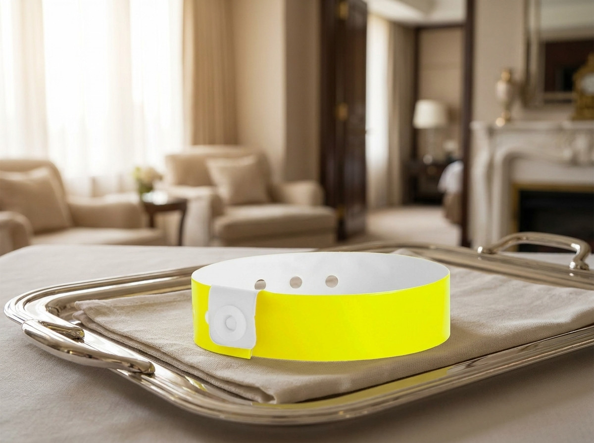 Personalised VIP ID wristband for a hotel suite guest, placed on an elegant service tray