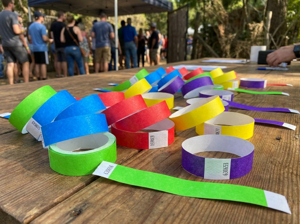 Personalized Tyvek and identification wristbands for children, patients and events, placed on a table with legible HD printing