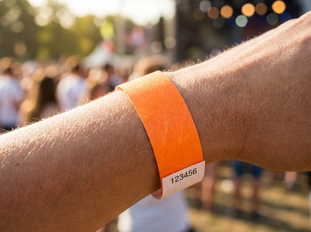 Medical identification ID wristband printed with name, date of birth and barcode, worn on the wrist of a hospitalised patient