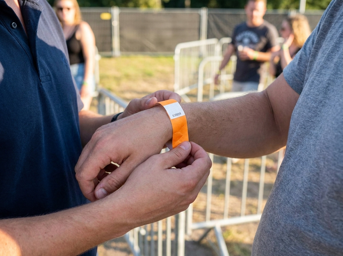 Festival reception staff fastening a numbered ID wristband on a participant-s wrist at the entrance