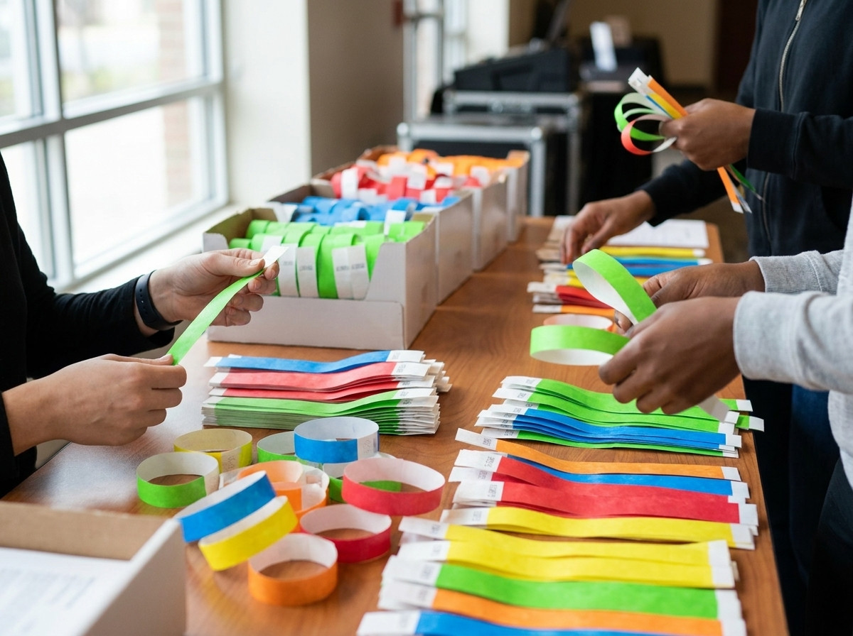 Sorting table at the entrance of a local event with paper wristbands of different colors arranged in rolls