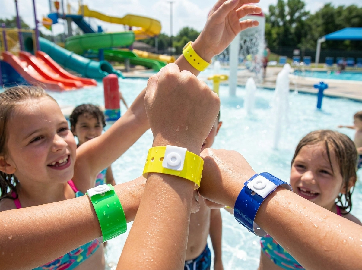 Colored waterproof vinyl wristbands worn by children in a sunny water park