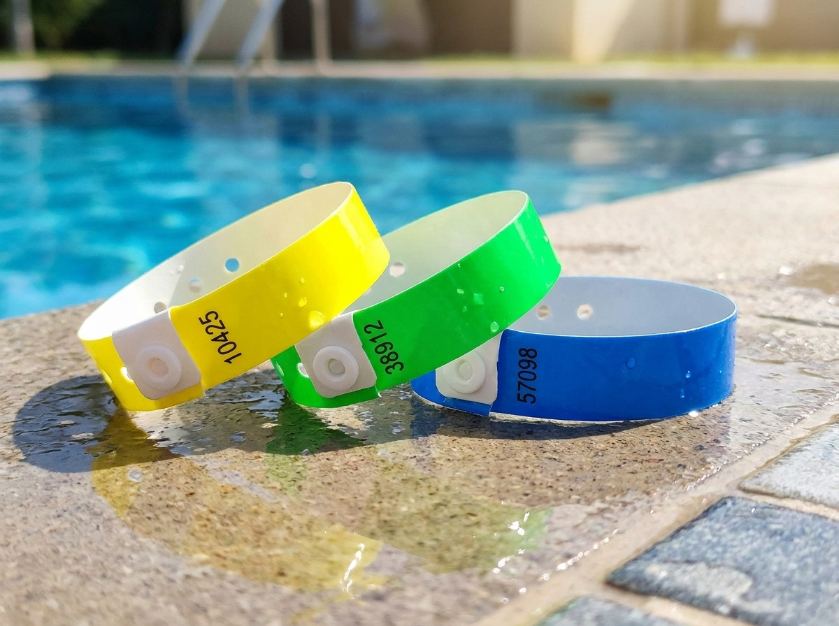 Personalised vinyl PVC wristbands for a swimming pool subscription, displaying a subscriber number and QR code, placed on the edge of a pool