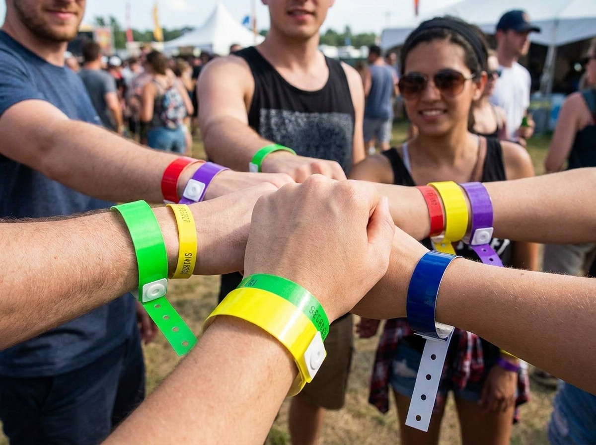 Coloured vinyl wristbands worn by visitors at the entrance of a water park with slides and pools in the background