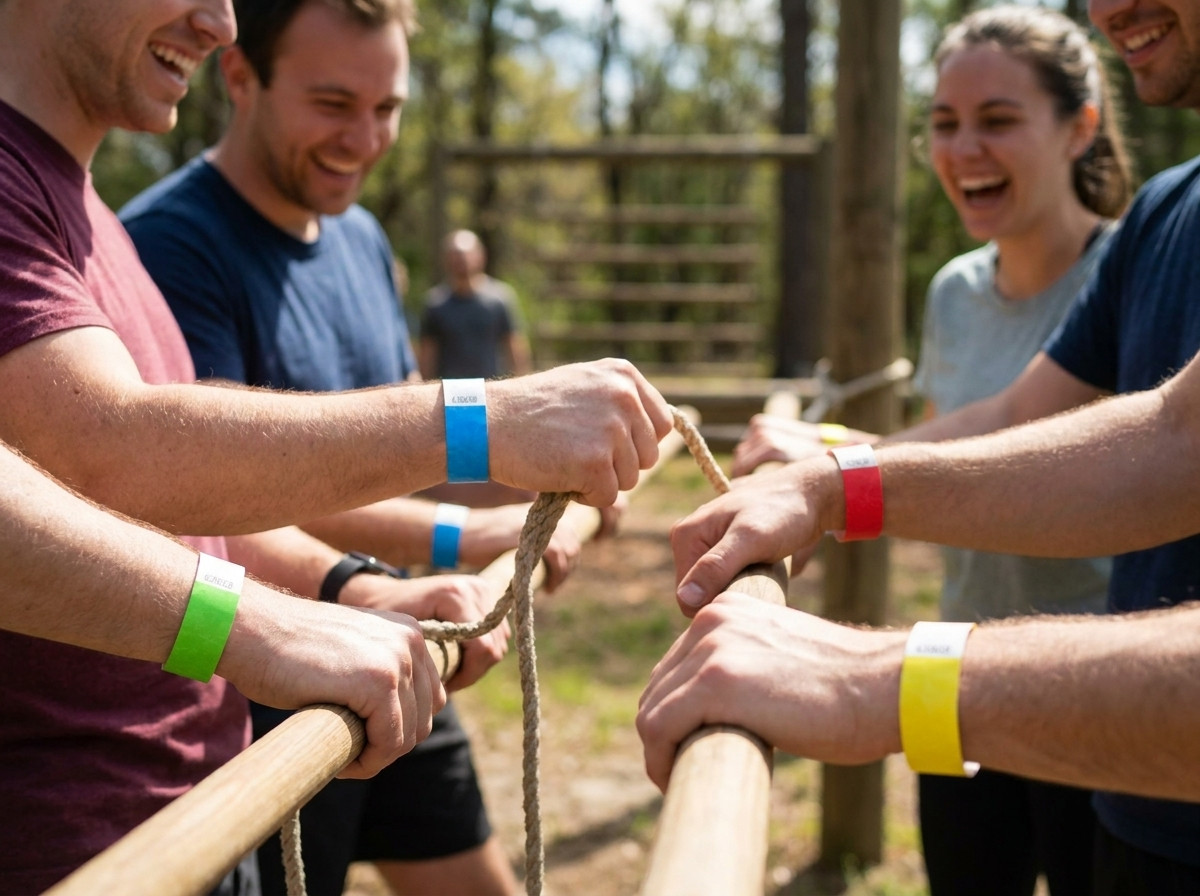 Colored team building wristbands worn by participants during an outdoor activity, each color representing a different team