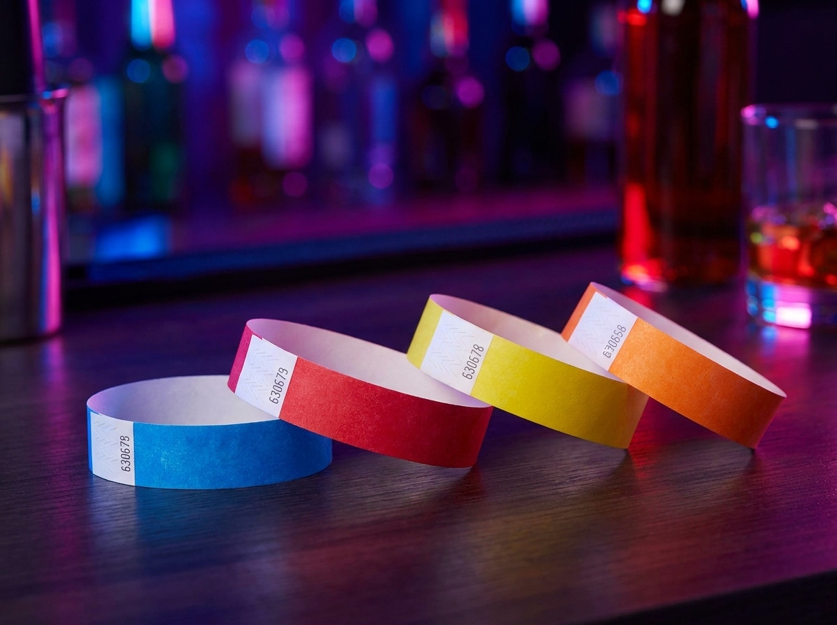 Colored PVC vinyl wristbands for VIP access at a nightclub, arranged on a bar counter with ambient lighting