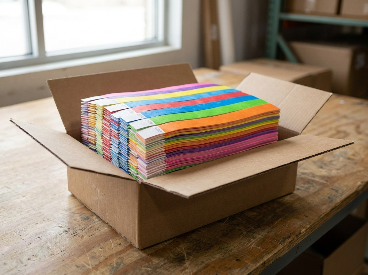 Stack of coloured Tyvek wristbands ready to ship in a DHL Express packaging box