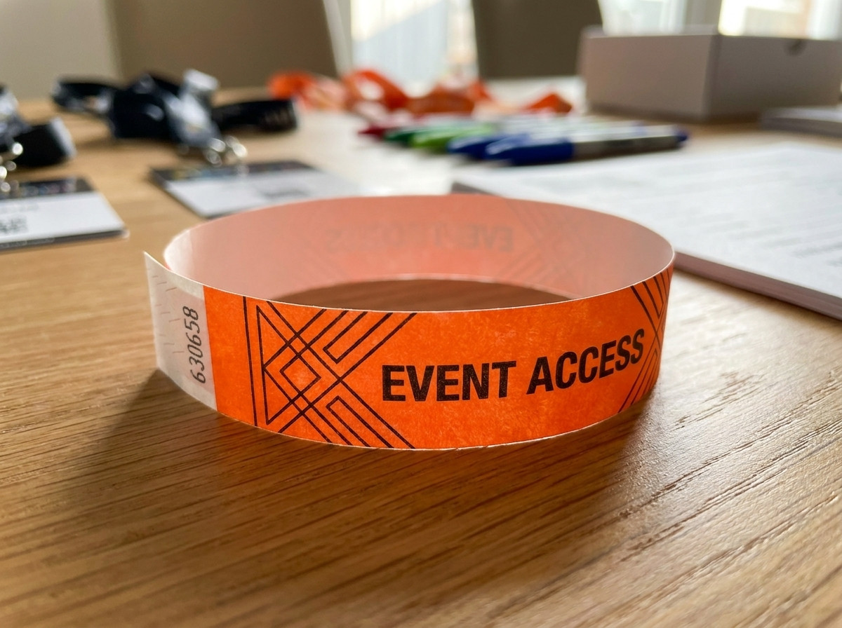 Close-up of a colourful Tyvek wristband with HD printing on an event equipment table