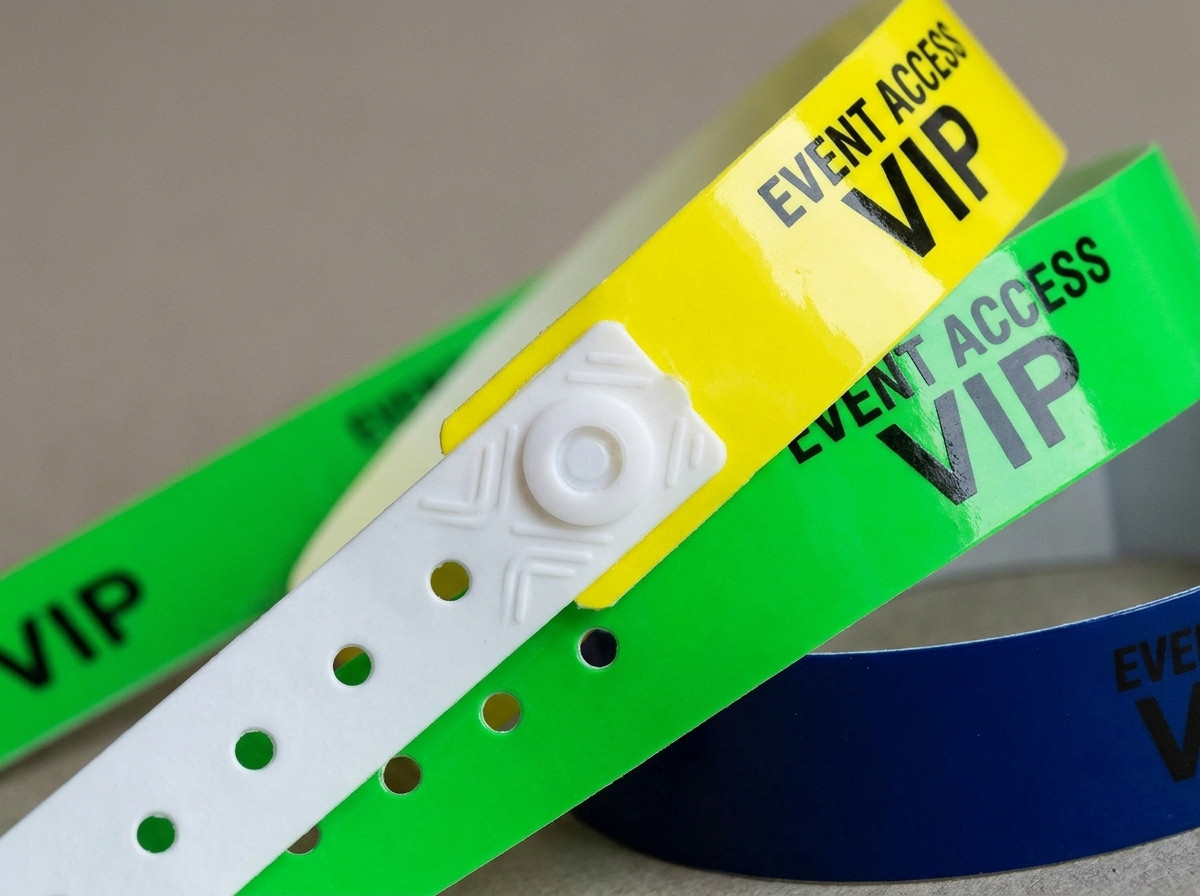 Colored PVC vinyl wristbands for access control with tamper-proof closure