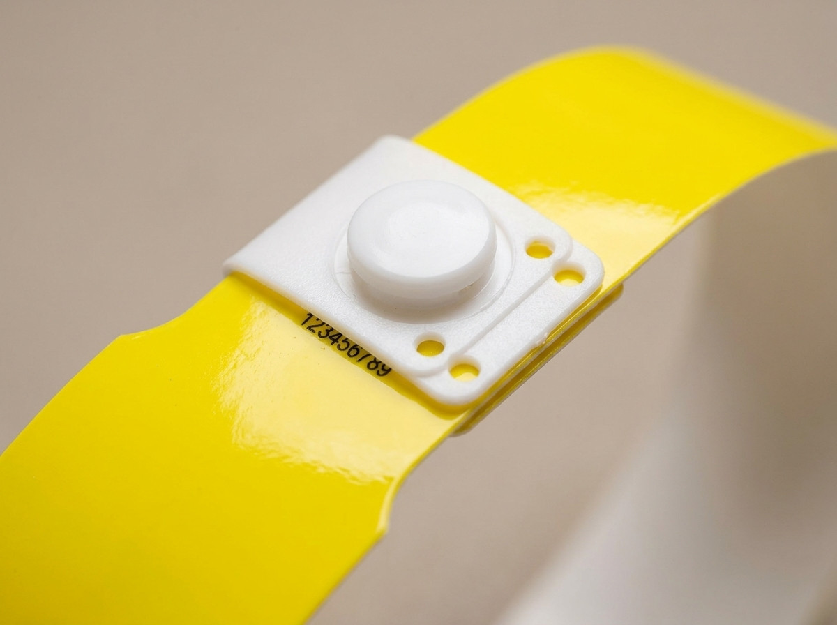 Close-up of a plastic wristband with a snap closure, rigid and durable material